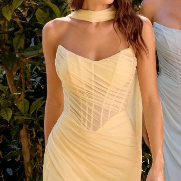 New Strapless Elegant Maxi Chiffon Dress w/ Scoop Neck & Removable Scarf CD383 - Picture 1 of 9